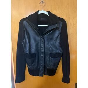 VINTAGE Y2K Context BCBGMAXAZRIA Black Leather & Merino Wool Knit Jacket Sz. S